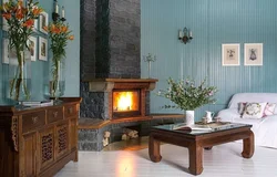 Design of a living room in a house with a stove and fireplace