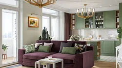 Combination Of Green Color In The Interior Of The Kitchen And Living Room