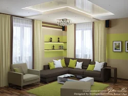 Combination of green color in the interior of the kitchen and living room