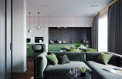 Combination of green color in the interior of the kitchen and living room