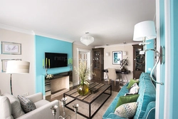 Living room kitchen design in turquoise tones