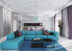 Living room kitchen design in turquoise tones