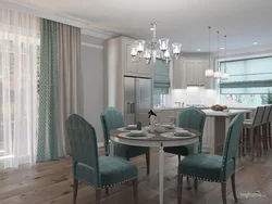 Living room kitchen design in turquoise tones
