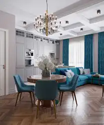 Living room kitchen design in turquoise tones