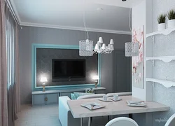 Living room kitchen design in turquoise tones