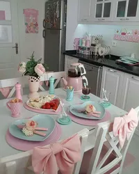 Mint pink kitchen interior