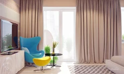 Bright curtains in the bedroom interior