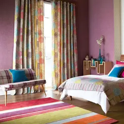 Bright curtains in the bedroom interior