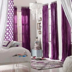 Bright curtains in the bedroom interior