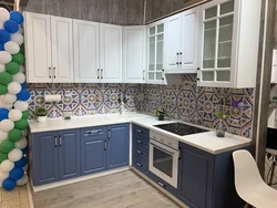 Kitchen blue top white bottom photo