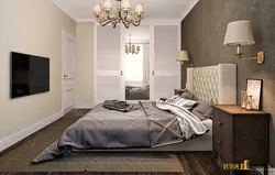Интерьер спальни с коричневыми дверями