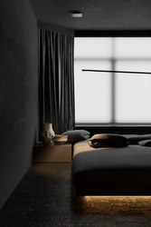 Bedroom design with black curtains