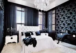 Bedroom design with black curtains