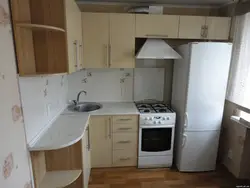 Small kitchens 5 sq m in Khrushchev photo with a refrigerator