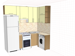 Дызайн маленькай кухні ў хрушчоўцы з халадзільнікам і пральнай машынай