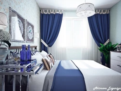 Curtains In The Bedroom Interior With Blue Wallpaper