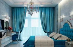 Curtains in the bedroom interior with blue wallpaper