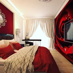 Qırmızı rəngdə yataq otağının interyeri