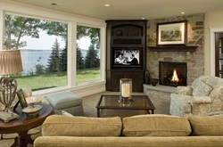 Living room design with corner fireplace