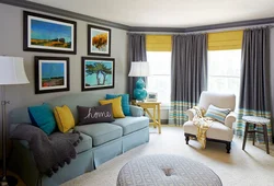 Yellow curtains in the living room interior to gray