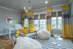 Yellow curtains in the living room interior to gray