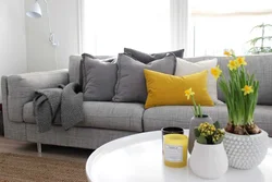 Gray sofa with pillows in the living room interior
