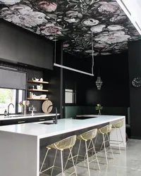 Black and white ceiling in the kitchen interior