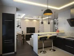 Living room kitchen with bar counter and sofa photo