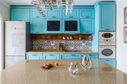 Blue kitchen with brown photo