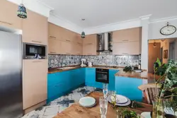 Blue kitchen with brown photo