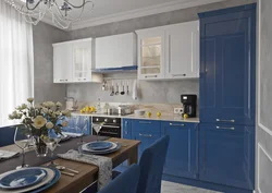 Кухня голубая с коричневым фото