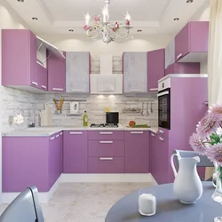 Kitchen design with lilac wallpaper