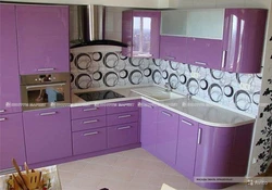 Kitchen design with lilac wallpaper