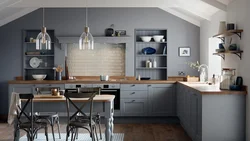 Gray kitchen design with wooden countertops