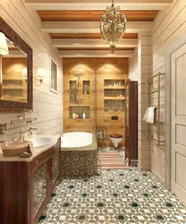 Bathrooms in a wooden house design photo with shower