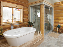 Bathrooms in a wooden house design photo with shower