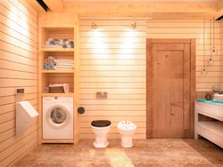 Bathrooms in a wooden house design photo with shower