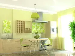 Зялёныя шпалеры і шторы на кухні фота