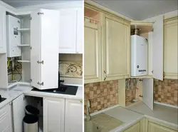 Kitchen design with gas boiler and pipes photo