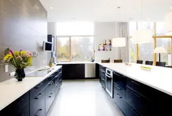 Black Kitchen Design Without Upper Cabinets