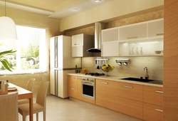 Photo of a kitchen with beige cabinets