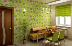 Light green wallpaper in the kitchen in the interior photo