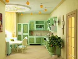 Light green wallpaper in the kitchen in the interior photo