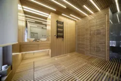 Bathroom ceiling with slats photo