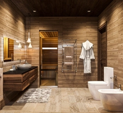 Bathroom Interior In A Wooden House