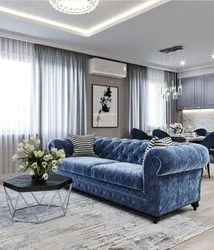Диван синего цвета в интерьере гостиной фото