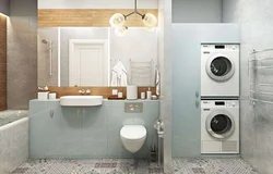 Design of a combined bathroom with bathtub and washing machine photo