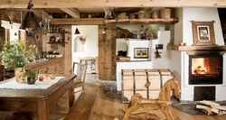 Photo of a kitchen with a stove in a wooden house photo