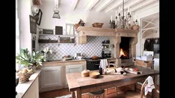 Photo of a kitchen with a stove in a wooden house photo