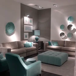 What color goes with turquoise in the living room interior?
